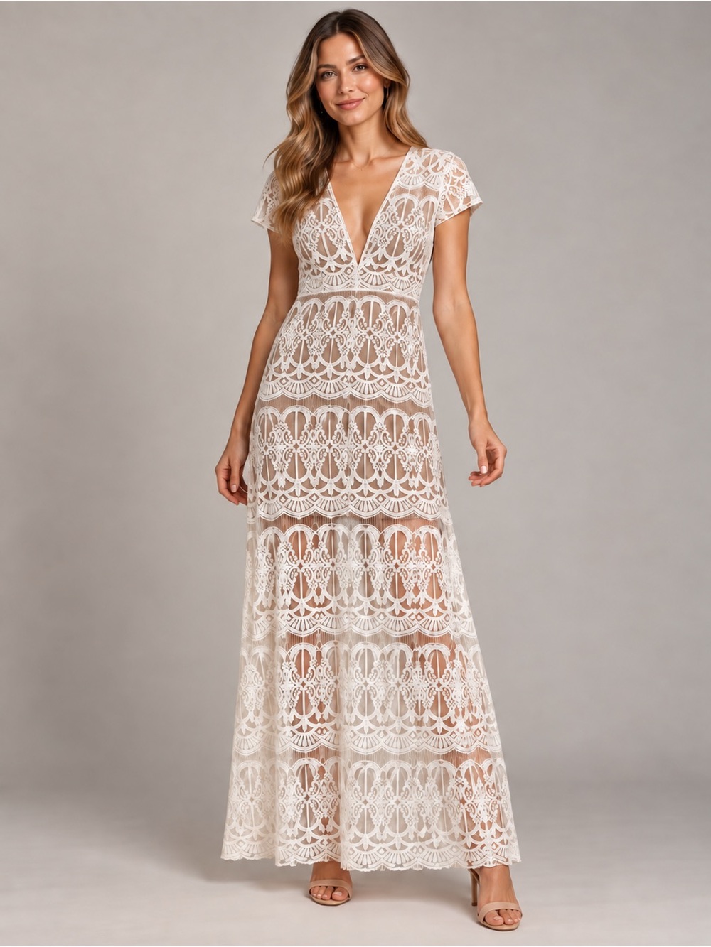 NWT Wayf Ivory Lace V-Neck Maxi Dress w/Nude Slip